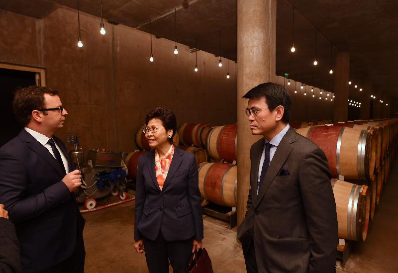The Chief Executive, Mrs Carrie Lam started her visit to France in Bordeaux yesterday (June 16, Bordeaux time). Photo shows Mrs Lam (centre), accompanied by the Secretary for Commerce and Economic Development, Mr Edward Yau (first right), visiting Château Latour.