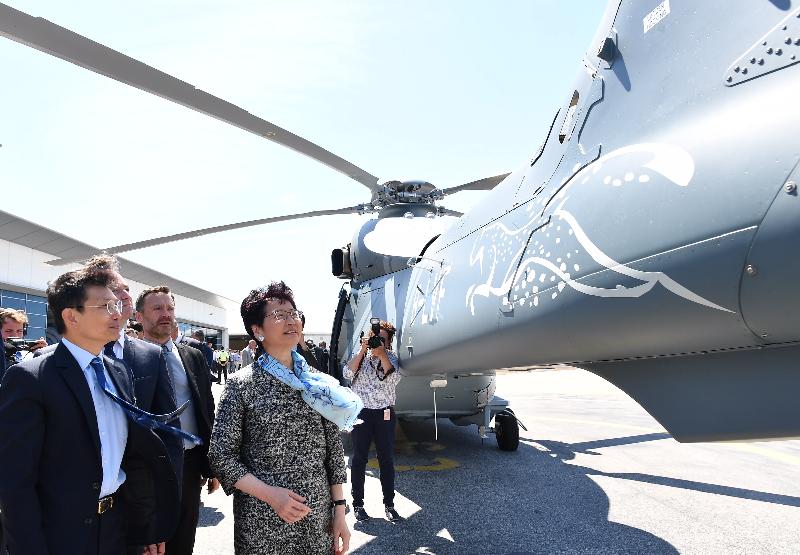 The Chief Executive, Mrs Carrie Lam, continued her visit to France in Marseille today (June 18, Marseille time). Photo shows Mrs Lam (first right), accompanied by the Controller of Government Flying Service, Captain Michael Chan (first left), checking out the helicopters after the delivery ceremony of the three H-175 helicopters to Hong Kong Government Flying Service at Airbus Helicopters. 