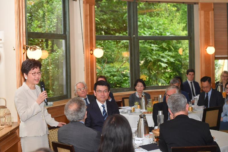 The Chief Executive, Mrs Carrie Lam, continued her visit to France in Paris today (June 19, Paris time). Photo shows Mrs Lam (first left) speaking at a breakfast meeting hosted by Institut Montaigne, a think tank in France. The Secretary for Commerce and Economic Development, Mr Edward Yau (second left), also attended. 