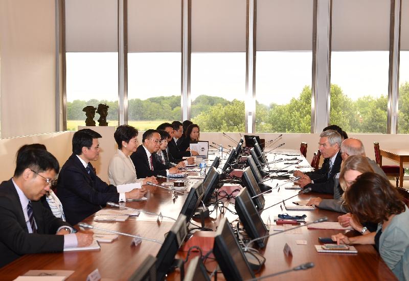 The Chief Executive, Mrs Carrie Lam, continued her visit to France in Paris today (June 19, Paris time). Photo shows Mrs Lam (fourth left), accompanied by the Secretary for Innovation and Technology, Mr Nicholas W Yang (fifth left), and the Secretary for Commerce and Economic Development, Mr Edward Yau (third left), meeting with the President of Ecole Polytechnique, Mr Jacques Biot (fourth right).