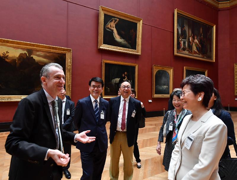 The Chief Executive, Mrs Carrie Lam, continued her visit to France in Paris today (June 19, Paris time). Photo shows Mrs Lam (first right), accompanied by the Secretary for Commerce and Economic Development, Mr Edward Yau (second left), and the Secretary for Innovation and Technology, Mr Nicholas W Yang (third left), touring the museum.

