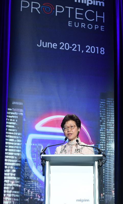 The Chief Executive, Mrs Carrie Lam, continued her visit to France in Paris today (June 21, Paris time). Photo shows Mrs Lam delivering a keynote speech at the MIPIM Proptech Europe 2018.