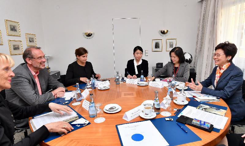 The Chief Executive, Mrs Carrie Lam, attended the Lindau Nobel Laureate Meeting in Lindau today (June 24, Lindau time). Photo shows Mrs Lam (first right) meeting with the Austrian Federal Minister of Education, Science and Research, Professor Dr Heinz Fassmann (second left). The Head of the Policy Innovation and Co-ordination Office, Mrs Betty Fung (second right), also attended the meeting. 