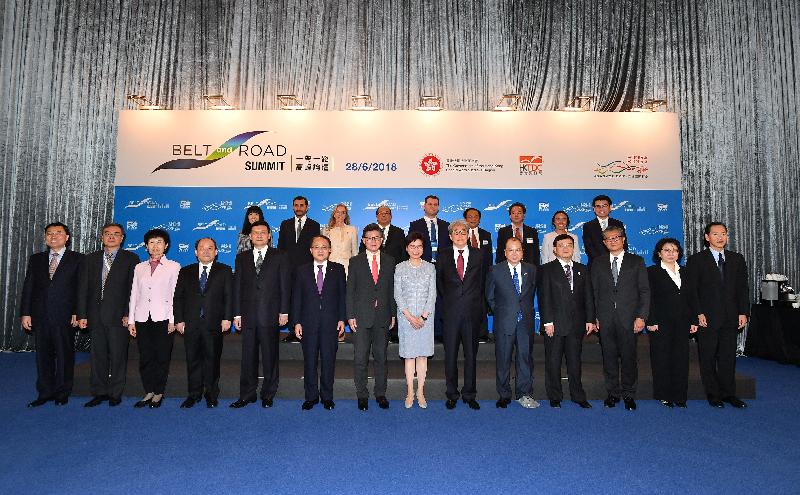 The Chief Executive, Mrs Carrie Lam, attended the Belt and Road Summit at the Hong Kong Convention and Exhibition Centre this morning (June 28). Photo shows (front row, from left) the Commissioner of the Ministry of Foreign Affairs of the People's Republic of China in the Hong Kong Special Administrative Region (HKSAR), Mr Xie Feng; Deputy Director of the Hong Kong and Macao Affairs Office of the State Council Mr Feng Wei; Vice Minister of Commerce Ms Gao Yan; Vice Chairman of the National Development and Reform Commission Mr Ning Jizhe; the Chairman of the State-owned Assets Supervision and Administration Commission of the State Council, Mr Xiao Yaqing; the Director of the Liaison Office of the Central People's Government in the HKSAR, Mr Wang Zhimin; the Chairman of the Hong Kong Trade Development Council, Mr Vincent Lo; Mrs Lam; Deputy Prime Minister of Thailand Mr Somkid Jatusripitak; the Chief Secretary for Administration, Mr Matthew Cheung Kin-chung; the executive vice chairman of the All-China Federation of Industry and Commerce, Mr Xu Lejiang; the Financial Secretary, Mr Paul Chan; the Secretary for Justice, Ms Teresa Cheng, SC; the President of Asia Financial Holdings Limited, Mr Bernard Chan; the Executive Director of the Hong Kong Trade Development Council, Ms Margaret Fong (back row, first left); the Secretary for Commerce and Economic Development, Mr Edward Yau (back row, first right); and other guests at the Summit.