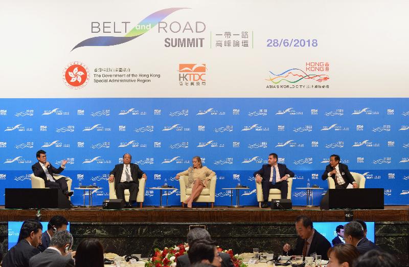 The Secretary for Commerce and Economic Development, Mr Edward Yau (first left), chairs the ministerial dialogue at the third Belt and Road Summit today (June 28) with (from second left) the National Security Advisor, Union Minister for the Ministry of the office of the Union Government and Chairman of Myanmar Investment Commission, the Republic of the Union of Myanmar, U Thaung Tun; the Minister of State for Trade and Export Promotion, the United Kingdom, Baroness Fairhead; the Deputy Minister of Economy and Sustainable Development, Georgia, Mr Genadi Arveladze; and the Secretary of State, Ministry of Public Works and Transport, Kingdom of Cambodia, Mr Lim Sidenine, taking part in the discussion. 