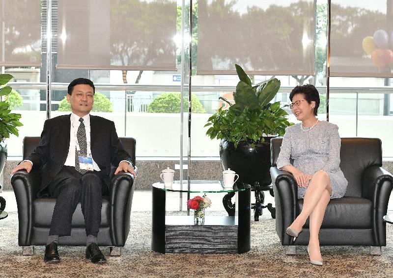 The Chief Executive, Mrs Carrie Lam (right), meets the Chairman of the State-owned Assets Supervision and Administration Commission of the State Council, Mr Xiao Yaqing, before attending the third Belt and Road Summit this morning (June 28).