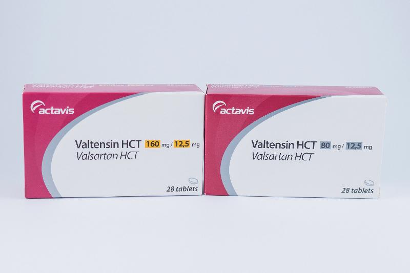 衞生署今日（七月六日）指令兩間持牌藥物批發商從市面回收五款含有纈沙坦的藥劑製品。圖為其中兩款受影響產品──Valtensin HCT藥片160/12.5毫克及Valtensin HCT藥片80/12.5毫克。
