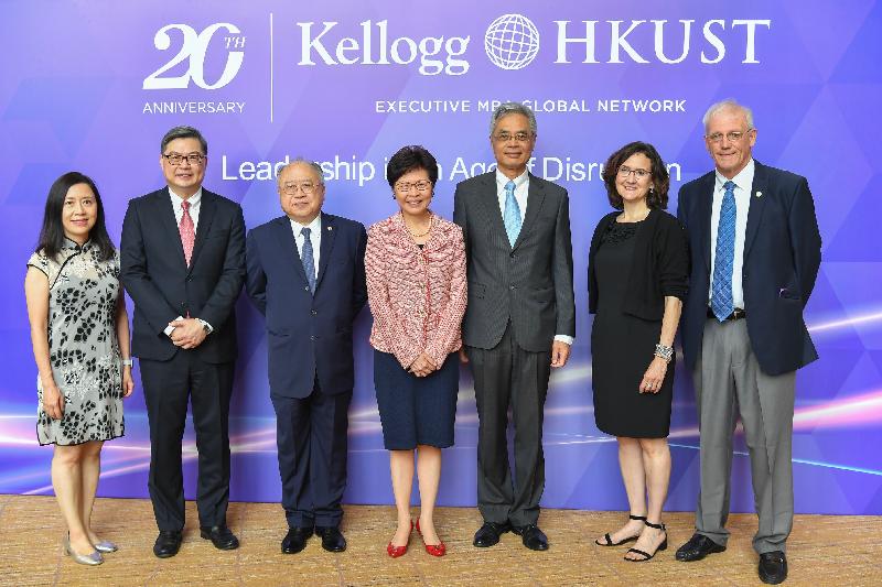 The Chief Executive, Mrs Carrie Lam, attended the Kellogg-Hong Kong University of Science and Technology (HKUST) Executive MBA (EMBA) 20th Anniversary Management Conference today (July 7). Photo shows (from left) the Kellogg-HKUST EMBA Program Director, Ms Judy Au; the Dean of the HKUST Business School, Professor Tam Kar Yan; the Chairman of the Council of the HKUST, Mr Andrew Liao; Mrs Lam; the Acting President of HKUST, Professor Shyy Wei; the Dean of Kellogg School of Management of Northwestern University, Professor Sally Blount; and the Associate Dean of HKUST Business School, Professor Steven DeKrey, at the conference.