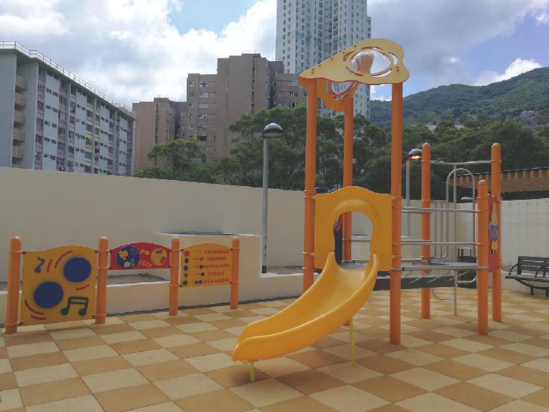The children's play area on the podium of Lin Tsui Estate at Lin Shing Road in Chai Wan.