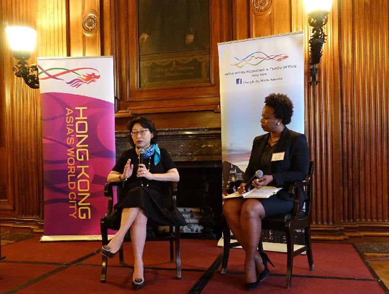 The Secretary for Justice, Ms Teresa Cheng, SC, (left) joined a talk hosted by the International Chamber of Commerce on the latest trends in international dispute resolution in New York, today (July 16, Eastern Standard Time). Also pictured is the moderator of the talk, General Counsel of the United States Council for International Business, Ms Nancy Thevenin.  
