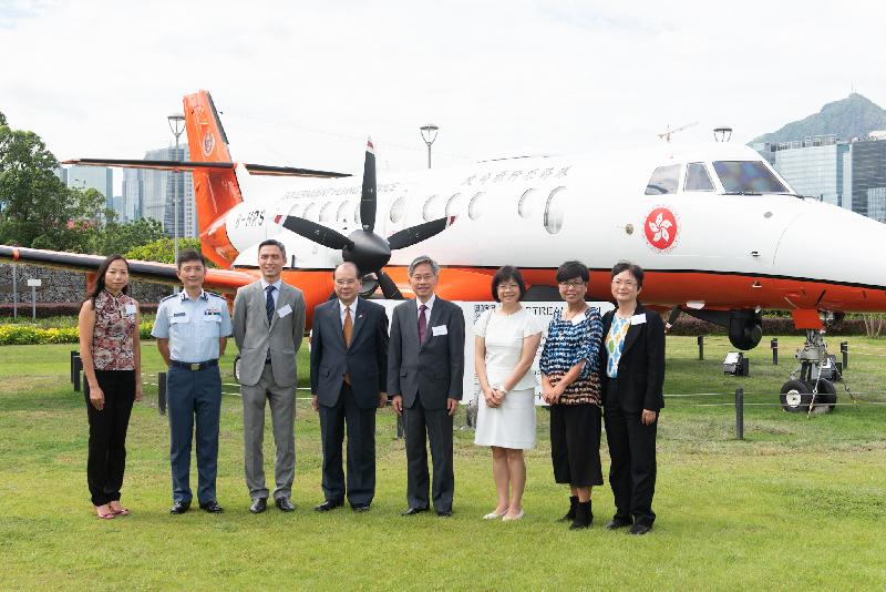The Chief Secretary for Administration, Mr Matthew Cheung Kin-chung, attended the Launch Ceremony of Jetstream 41 of the Government Flying Service (GFS) at Kai Tak Runway Park today (July 17). Photo shows Mr Cheung (fourth left); the Permanent Secretary for Development (Works), Mr Hon Chi-keung (fourth right); the Head of the Energizing Kowloon East Office, Ms Brenda Au (third right); the Controller of the GFS, Captain Michael Chan (second left); the Director of Architectural Services, Mrs Sylvia Lam (second right); the Deputy Director of Leisure and Cultural Services (Leisure Services), Ms Ida Lee (first left); and other guests at the ceremony.