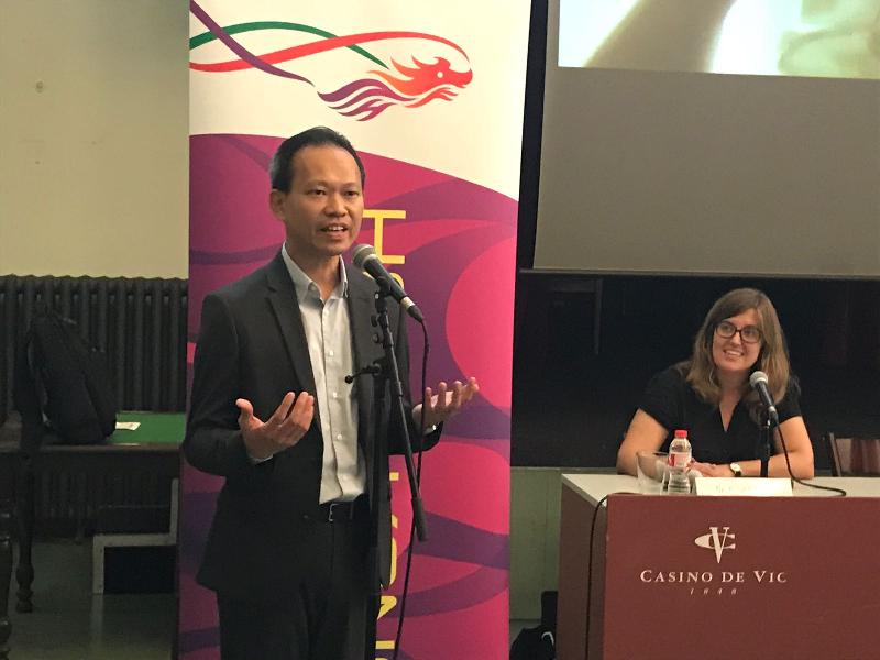 The Assistant Representative of the Hong Kong Economic and Trade Office, Brussels, Mr Paul Leung, speaks at the Asian Summer Film Festival in Vic, Spain, on July 17 (Vic time).