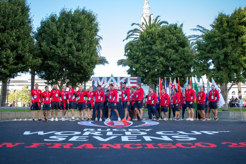 The Nations Welcome Ceremony was hosted by the Rugby World Cup Sevens 2018 today (July 19, San Francisco time) at the Embarcadero Plaza in San Francisco, the United States, to kick off the tournament weekend. Photo shows the Hong Kong team at the ceremony.
