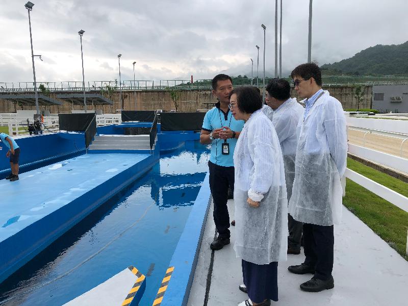 The Secretary for Food and Health, Professor Sophia Chan, today (August 28) attended the opening ceremony of the Hong Kong Jockey Club Conghua Racecourse in Conghua, Guangdong. Picture shows Professor Chan (second left) and the Permanent Secretary for Food and Health (Food), Mr Philip Yung (right), visiting the horse swimming pool before the ceremony.
