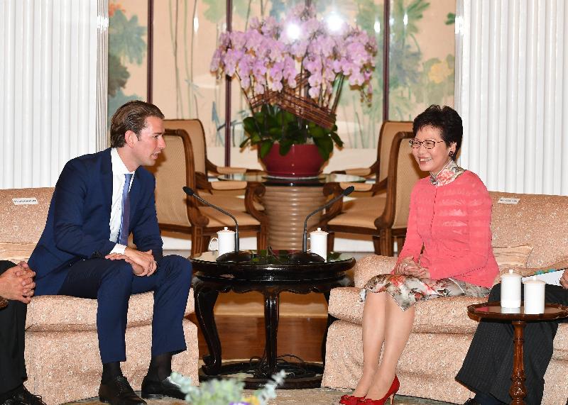 The Chief Executive, Mrs Carrie Lam (right), meets the visiting Federal Chancellor of Austria, Mr Sebastian Kurz, at Government House today (August 31) to exchange views on issues of mutual concern. 