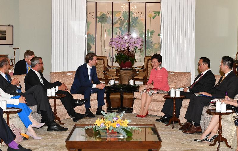 The Chief Executive, Mrs Carrie Lam (third right), meets the visiting Federal Chancellor of Austria, Mr Sebastian Kurz, at Government House today (August 31) to exchange views on issues of mutual concern. Also present are the Secretary for Innovation and Technology, Mr Nicholas W Yang (second right), and the Acting Secretary for Commerce and Economic Development, Dr Bernard Chan (first right).

