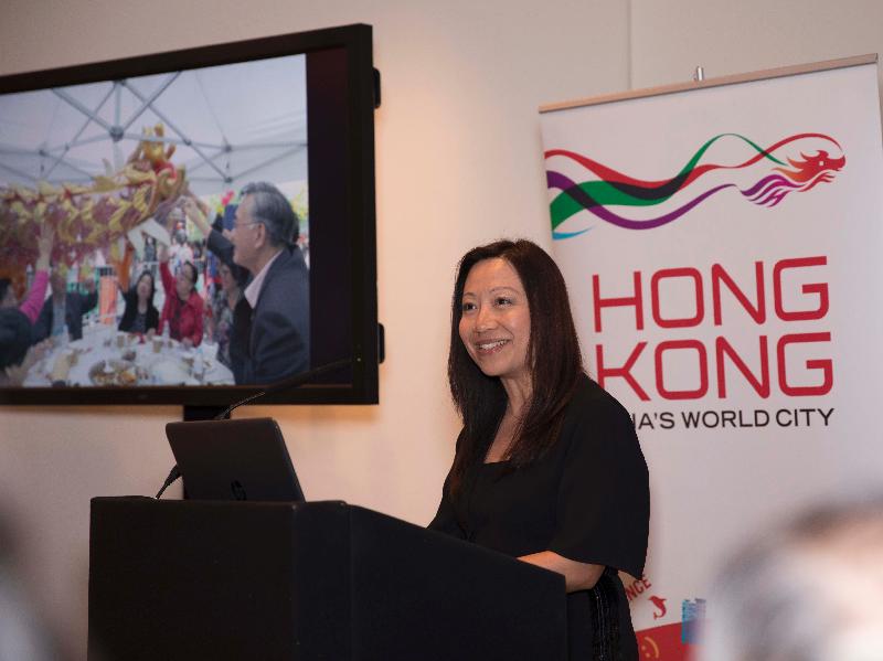 香港駐倫敦經濟貿易辦事處處長杜潔麗昨日（倫敦時間九月五日）在Somerset House 舉行的倫敦設計雙年展2018的香港展館開幕酒會上致辭。