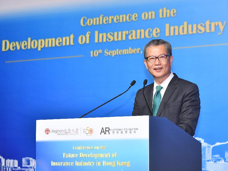 The Financial Secretary, Mr Paul Chan, delivers a keynote speech at the Conference on the Future Development of Insurance Industry in Hong Kong co-organised by Lingnan University and the AR Charitable Foundation this afternoon (September 10).