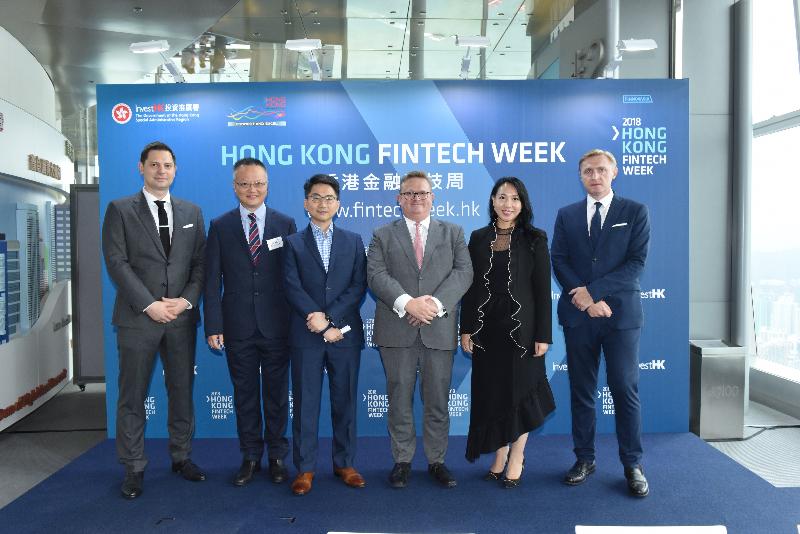 Invest Hong Kong (InvestHK) today (September 12) announced details of the third annual Hong Kong FinTech Week (October 29 to November 2). Photo shows (from left) Founder and CEO of Finnovasia Mr Anthony Sar; the Associate Director, Policy and Development Division of the Insurance Authority, Mr Tony Chan; the Chief Fintech Officer of the Hong Kong Monetary Authority, Mr Nelson Chow; the Director-General of Investment Promotion at InvestHK, Mr Stephen Phillips; the Director of Securities and Futures Commission, Licensing and Head, Fintech unit, Intermediaries, Ms Clara Chiu; and the Head of Fintech at InvestHK, Mr Charles d'Haussy, attending the press conference of the third annual Hong Kong FinTech Week.
