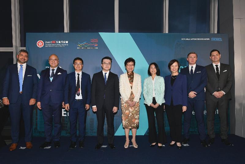 The Chief Executive, Mrs Carrie Lam, attended the official launch of the 2018 Hong Kong Fintech Week today (September 12). Photo shows (from left) the Chairman of the Fintech Association of Hong Kong, Mr Henri Arslanian; Associate Director-General of Investment Promotion Mr Charles Ng; the President of the Tencent Group, Mr Jim Lai; the Chairman of the Board of Directors of the AMTD Group, Mr Calvin Choi; Mrs Lam; the Chief Information Officer of Standard Chartered Bank, Ms Carol Hung; the Chief Executive Officer of Citi Hong Kong & Macau, Ms Angel Ng; the Head of Fintech at Invest Hong Kong, Mr Charles d’Haussy; and the Founder and Chief Executive Officer of Finnovasia, Mr Anthony Sar, at the launch ceremony. 