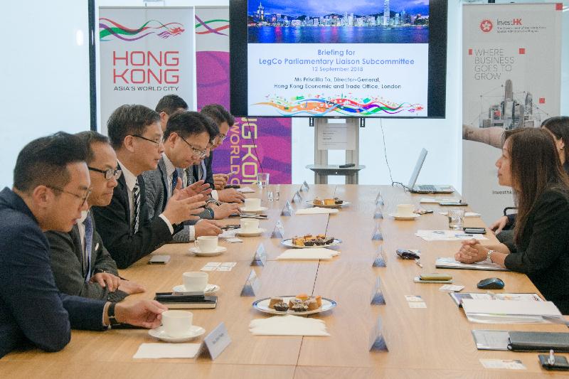The delegation of the Legislative Council was briefed by the Director-General of the Hong Kong Economic and Trade Office in London (London ETO), Ms Priscilla To (right), yesterday (September 12, London time) on the work of the London ETO.