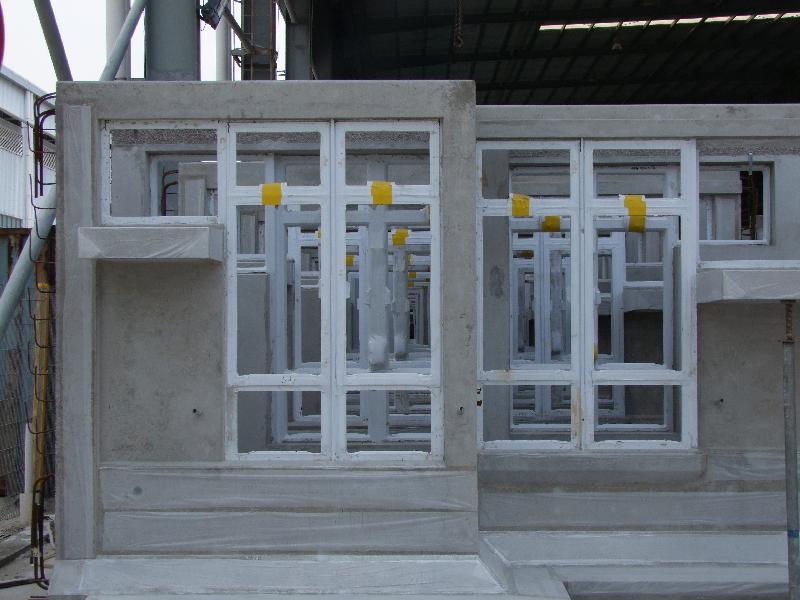 The Hong Kong Housing Authority increases use of precast concrete components and mechanised construction in its project. Photo shows a precast facade.