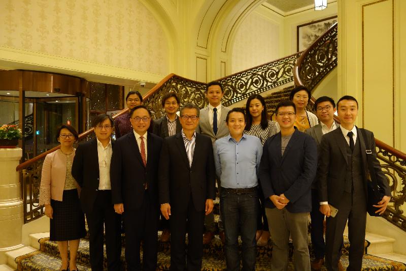 The Financial Secretary, Mr Paul Chan (front row, centre), today (September 17) has dinner in Tianjin with representatives of Hong Kong start-up enterprises who will also attend the World Economic Forum's Annual Meeting of the New Champions 2018. Also present are the Secretary for Innovation and Technology, Mr Nicholas W Yang (front row, third left) and the Director of the Office of the Government of the Hong Kong Special Administrative Region in Beijing, Ms Gracie Foo (back row, second right).

