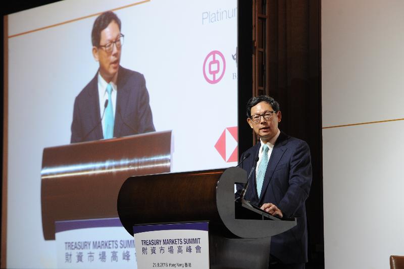 The Chief Executive of the Hong Kong Monetary Authority, Mr Norman Chan, today (September 21) gives the welcoming remarks and keynote speech at the Treasury Markets Summit 2018 held in Hong Kong.