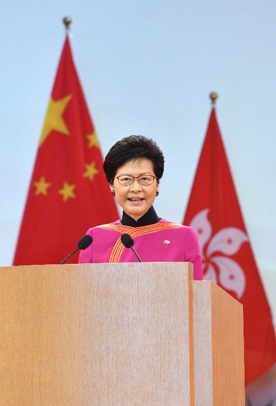 The Chief Executive, Mrs Carrie Lam, hosted a reception in celebration of the 69th anniversary of the founding of the People's Republic of China at the Grand Hall of the Hong Kong Convention and Exhibition Centre this morning (October 1). Picture shows Mrs Lam addressing the reception.
