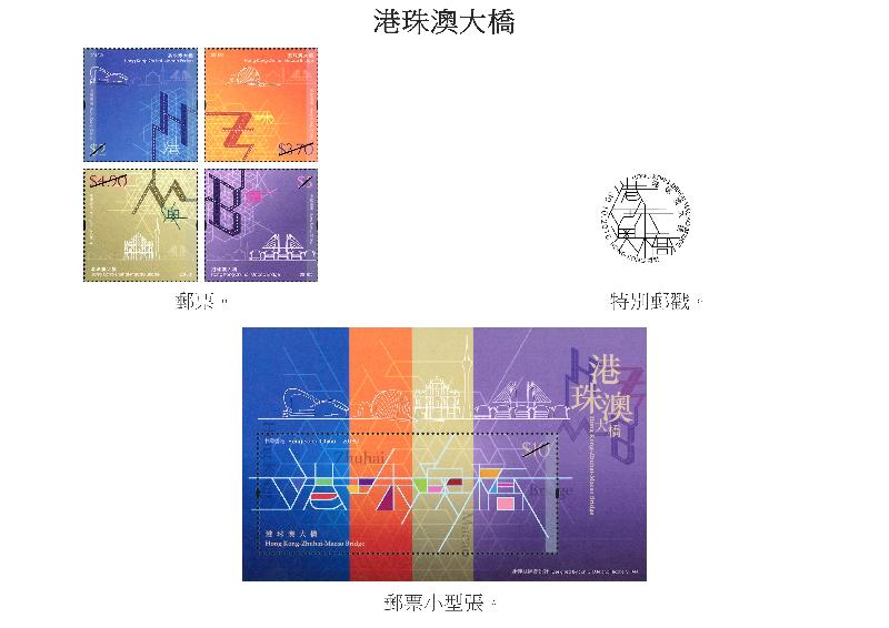 香港郵政今日（十月二十二日）宣布，一套以「港珠澳大橋」為題的特別郵票及相關集郵品於十月三十日（星期二）推出發售。圖示郵票、特別郵戳和郵票小型張。