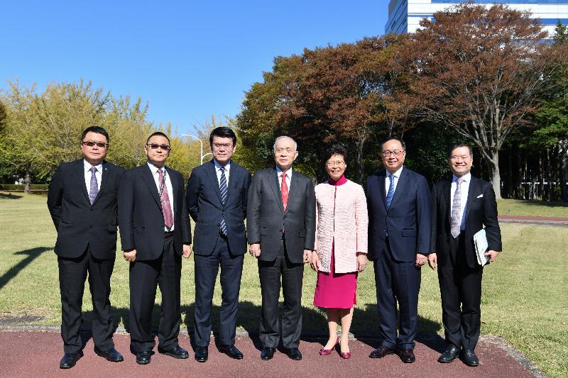 The Chief Executive, Mrs Carrie Lam, continued her visit to Japan in Ibaraki Prefecture this morning (October 30) and visited the National Institute of Advanced Industrial Science and Technology (AIST). Photo shows (from left) the Chairman of the Board of Directors of the Hong Kong Science and Technology Parks Corporation, Dr Sunny Chai; the Vice President of the AIST, Dr Satoshi Sekiguchi; the Secretary for Commerce and Economic Development, Mr Edward Yau; the President of AIST, Dr Ryoji Chubachi; Mrs Lam; the Secretary for Innovation and Technology, Mr Nicholas W Yang; and the Chairman of the Board of Directors of Hong Kong Cyberport Management Company Limited, Dr George Lam, during the visit. Established in 2001, the AIST is one of the largest public research organisations in Japan. It has about 2,000 researchers doing research and development at various research bases across the country.