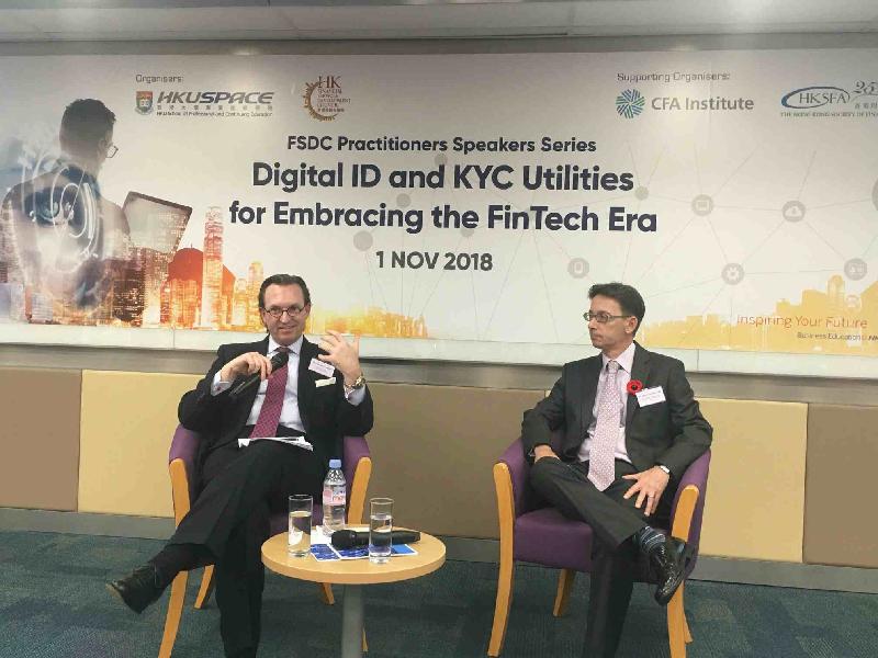 The Financial Services Development Council (FSDC), in collaboration with the School of Professional and Continuing Education of the University of Hong Kong, the Chartered Financial Analyst Institute and the Hong Kong Society of Financial Analysts, held a forum entitled "Digital ID and KYC Utilities for Embracing the FinTech Era" today (November 1). Photo shows Kerry Holdings Professor in Law at the University of Hong Kong and Council Member of the FSDC, Professor Douglas Arner (left), and Partner & Head of Financial Services Practice of Deacons and a member of the Policy Research Committee of the FSDC, Mr Jeremy Dinshaw Lam (right), explaining how Hong Kong can secure its important role as a major international financial centre amid the rapid development of financial technology to the participants.
