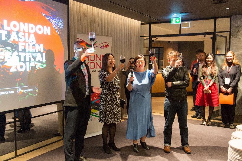 The Hong Kong Economic and Trade Office, London, is promoting the vibrant filmmaking industry of Hong Kong in the United Kingdom by supporting the Hong Kong Programme of the London East Asia Film Festival (LEAFF) 2018. Photo shows the Director-General of the London ETO, Ms Priscilla To (second left), is pictured at the Hong Kong Night Reception of the LEAFF 2018 in London, with the director of "Project Gutenberg", Felix Chong(first left); the Festival Director, Ms Hyejung Jeon (third left); and the director of "Distinction", Jevons Au (fourth left), on October 31(London time). 