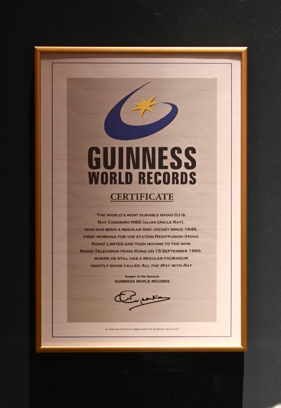 An opening ceremony for the "90 Years of Public Service Broadcasting in Hong Kong" exhibition was held today (November 6) at the Hong Kong Heritage Museum. Photo shows a certificate naming Uncle Ray "The World's most Durable DJ" by Guiness World Records in 2000. 