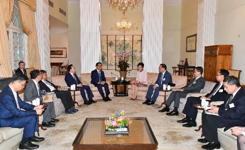 The Chief Executive, Mrs Carrie Lam, meets with the President of the Chinese Academy of Sciences, Professor Bai Chunli, today (November 8) at Government House. Photo shows (from second right) the Secretary for Constitutional and Mainland Affairs, Mr Patrick Nip; the Secretary for Education, Mr Kevin Yeung; the Secretary for Innovation and Technology, Mr Nicholas W Yang; Mrs Lam; Professor Bai and Deputy Director of the Liaison Office of the Central People's Government in the Hong Kong Special Administrative Region Mr Tan Tieniu.