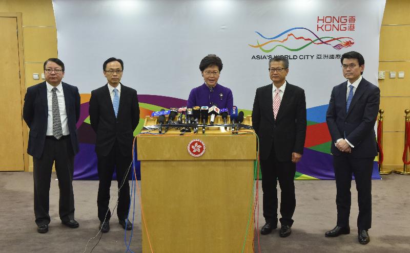 The Chief Executive, Mrs Carrie Lam (centre), meets the media in Beijing this afternoon (November 12) to conclude the visit of the delegation led by her in celebration of the 40th anniversary of the reform and opening up of the country. Also joining are the Financial Secretary, Mr Paul Chan (second right); the Secretary for Commerce and Economic Development, Mr Edward Yau (first right); the Secretary for Constitutional and Mainland Affairs, Mr Patrick Nip (second left); and the Director of the Chief Executive's Office, Mr Chan Kwok-ki (first left).