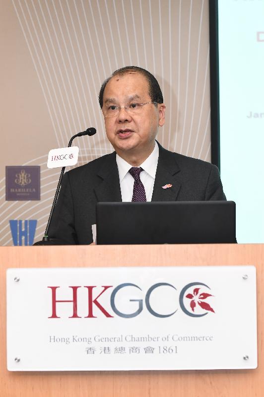 The Chief Secretary for Administration, Mr Matthew Cheung Kin-chung, delivers the opening speech at a seminar on “Designing an Effective Regulatory Impact Assessment Framework for Hong Kong” hosted by the Hong Kong General Chamber of Commerce this afternoon (November 15).