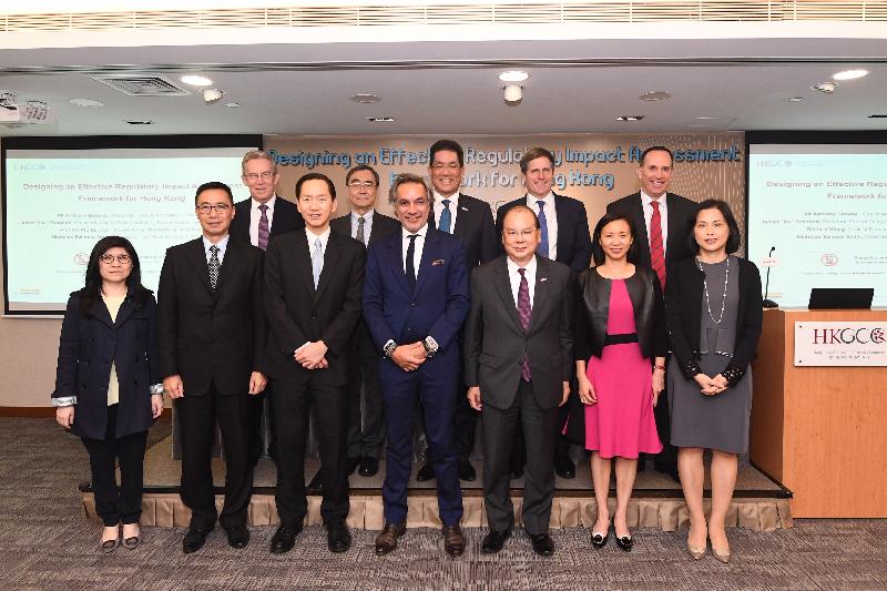 The Chief Secretary for Administration, Mr Matthew Cheung Kin-chung, attended a seminar on "Designing an Effective Regulatory Impact Assessment Framework for Hong Kong" hosted by the Hong Kong General Chamber of Commerce (HKGCC) this afternoon (November 15). Photo shows (from second left) the Secretary for Education, Mr Kevin Yeung; the Convenor of the Non-official Members of the Executive Council, Mr Bernard Chan; the Chairman of the HKGCC, Dr Aron Harilela; Mr Cheung; the Chief Executive Officer of the HKGCC, Ms Shirley Yuen; and the Head of the Policy Innovation and Co-ordination Office, Mrs Betty Fung, at the seminar.
