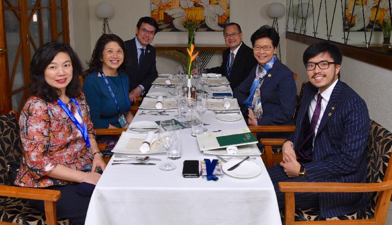 The Chief Executive, Mrs Carrie Lam, arrived  Port Moresby, Papua New Guinea yesterday afternoon (November 16). Photo shows Mrs Lam (second right) and the Hong Kong, China's representatives to the Asia-Pacific Economic Cooperation Business Advisory Council, Ms Marjorie Yang (second left), Dr Jonathan Choi (third right) and Mr Nicholas Ho (first right) at a dinner in the evening. The Secretary for Commerce and Economic Development, Mr Edward Yau (third left), and the Director-General of Trade and Industry, Ms Salina Yan (first left), also attended the dinner. 