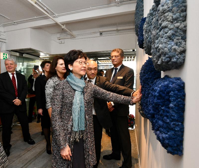 The Chief Executive, Mrs Carrie Lam, attended the Inauguration of Nordic Innovation House (NIH) Hong Kong, held at PMQ this afternoon (November 28). Photo shows Mrs Lam (third right) touring NIH Hong Kong.
