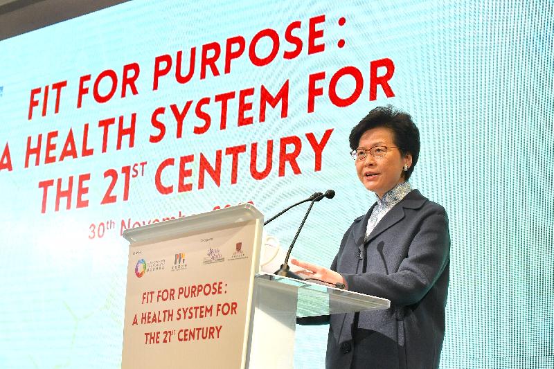The Chief Executive, Mrs Carrie Lam, speaks at the Hong Kong Health Systems Summit organised by the Our Hong Kong Foundation this afternoon (November 30).
