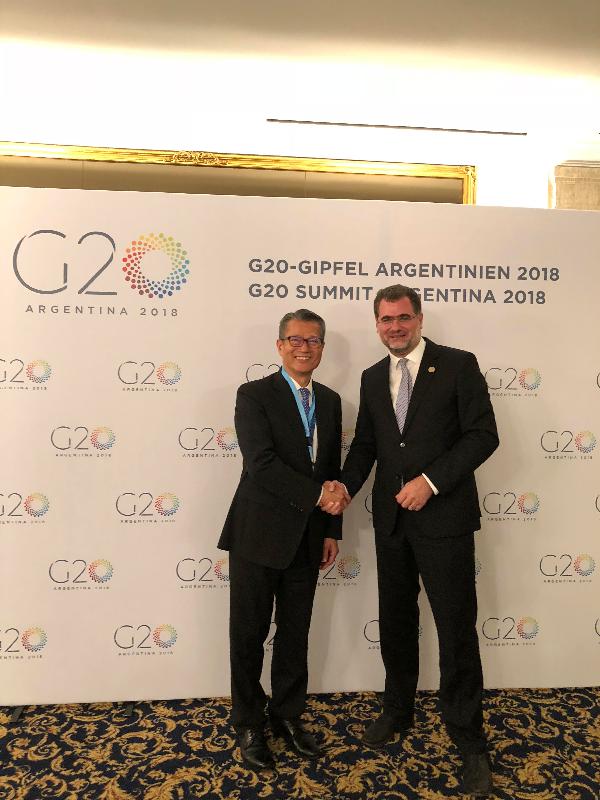 The Financial Secretary, Mr Paul Chan (left), met with the State Secretary at the Federal Ministry of Finance of Germany, Mr Wolfgang Schmidt, yesterday (November 29, Buenos Aires time) before attending the Group of Twenty Leaders' Summit in Buenos Aires, Argentina. 