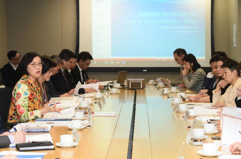 食物及衞生局局長陳肇始教授（左一）今日（十二月三日）主持第十三次癌症事務統籌委員會會議。