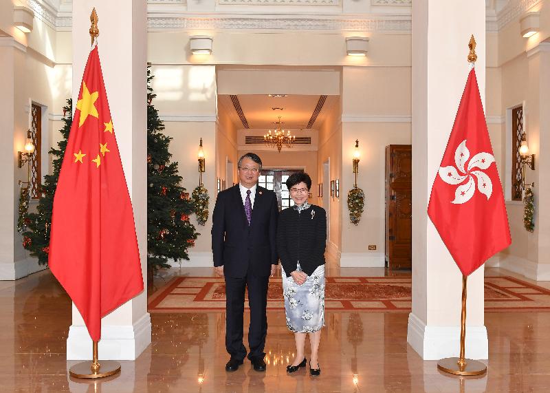 The Chief Executive, Mrs Carrie Lam (right), met the Chairman of the Legislative Affairs Commission and the Hong Kong Special Administrative Region Basic Law Committee of the Standing Committee of the National People's Congress, Mr Shen Chunyao, at Government House this afternoon (December 3).