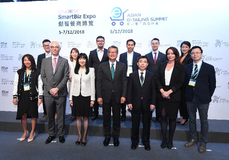 The Financial Secretary, Mr Paul Chan, attended the Opening Ceremony of the Hong Kong Trade Development Council (HKTDC) SmartBiz Expo and Asian E-tailing Summit this morning (December 5). Photo shows Mr Chan (front row, centre); the Executive Director of the HKTDC, Ms Margaret Fong (front row, third left); the Vice-Governor of Gansu Province, Mr Chang Zhengguo (front row, third right); and other guests.

