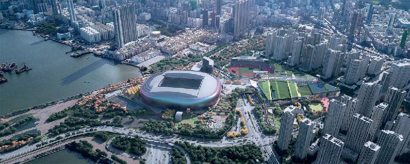 The Government announced today (December 28) that after an open tendering exercise the contract for the design, construction and operation of the Kai Tak Sports Park has been awarded to Kai Tak Sports Park Ltd. Picture shows an artist's impression of the overall view of the Kai Tak Sports Park. 