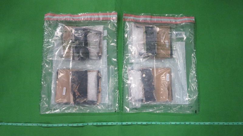 Hong Kong Customs seized a total of about 800 grams of suspected methamphetamine and 1.4 kilograms of suspected liquid cocaine with an estimated market value of about $1.95 million at Hong Kong International Airport on December 26. Photo shows the suspected methamphetamine seized.

