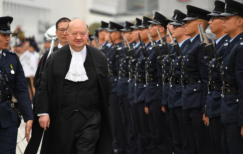 The Chief Justice of the Court of Final Appeal, Mr Geoffrey Ma Tao-li, inspects the guard of honour mounted by the Hong Kong Police Force at Edinburgh Place during the Ceremonial Opening of the Legal Year 2019 today (January 14). 