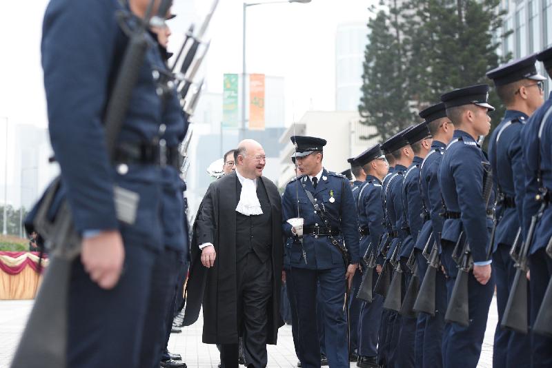 The Chief Justice of the Court of Final Appeal, Mr Geoffrey Ma Tao-li, inspects the guard of honour mounted by the Hong Kong Police Force at Edinburgh Place during the Ceremonial Opening of the Legal Year 2019 today (January 14).