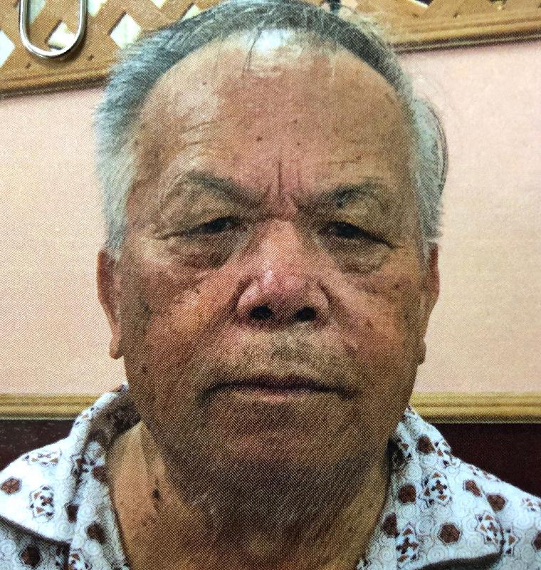 Mok Nam, aged 84, is about 1.6 metres tall, 68 kilograms in weight and of fat build. He has a round face with yellow complexion and grey short hair. He was last seen wearing a dark long-sleeved windbreaker, a grey sweater, dark-coloured trousers, dark blue slippers with white stripe pattern and carrying a white plastic bag.